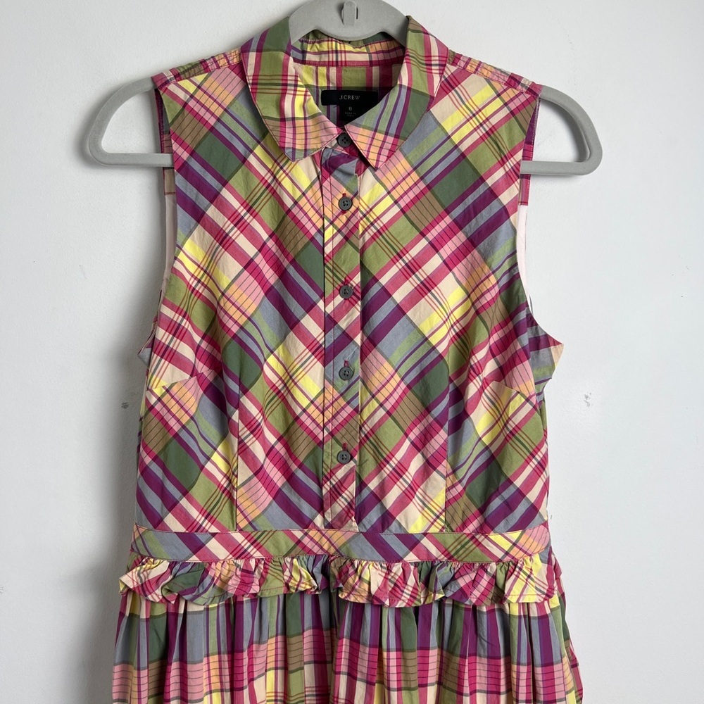 J. Crew Women's 8 Pink & Green Plaid Ruffle Waist Pockets Midi Dress - Picture 6 of 13